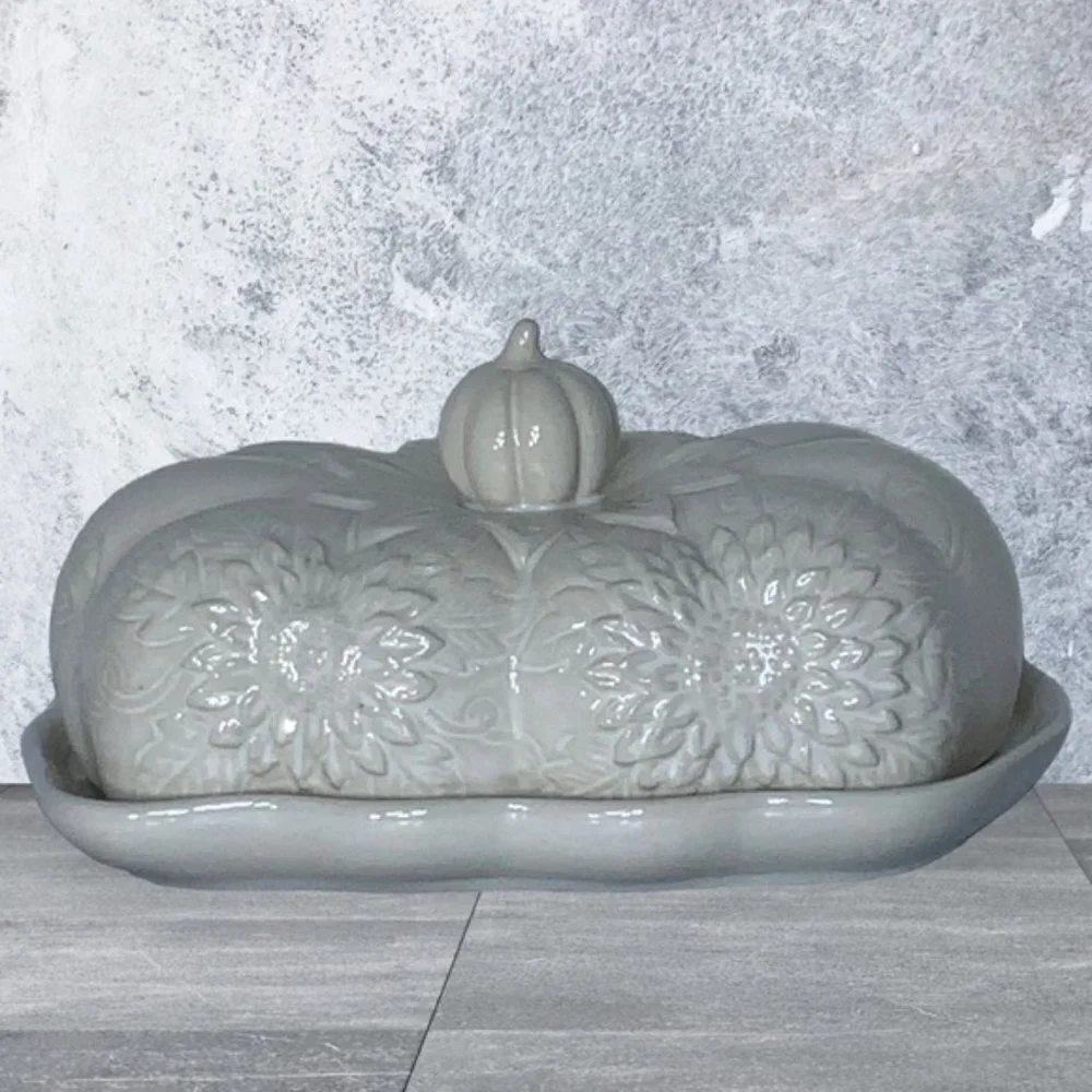 Harvest Pumpkin Covered Butter Dish With Lid Large Ceramic Floral White Cream